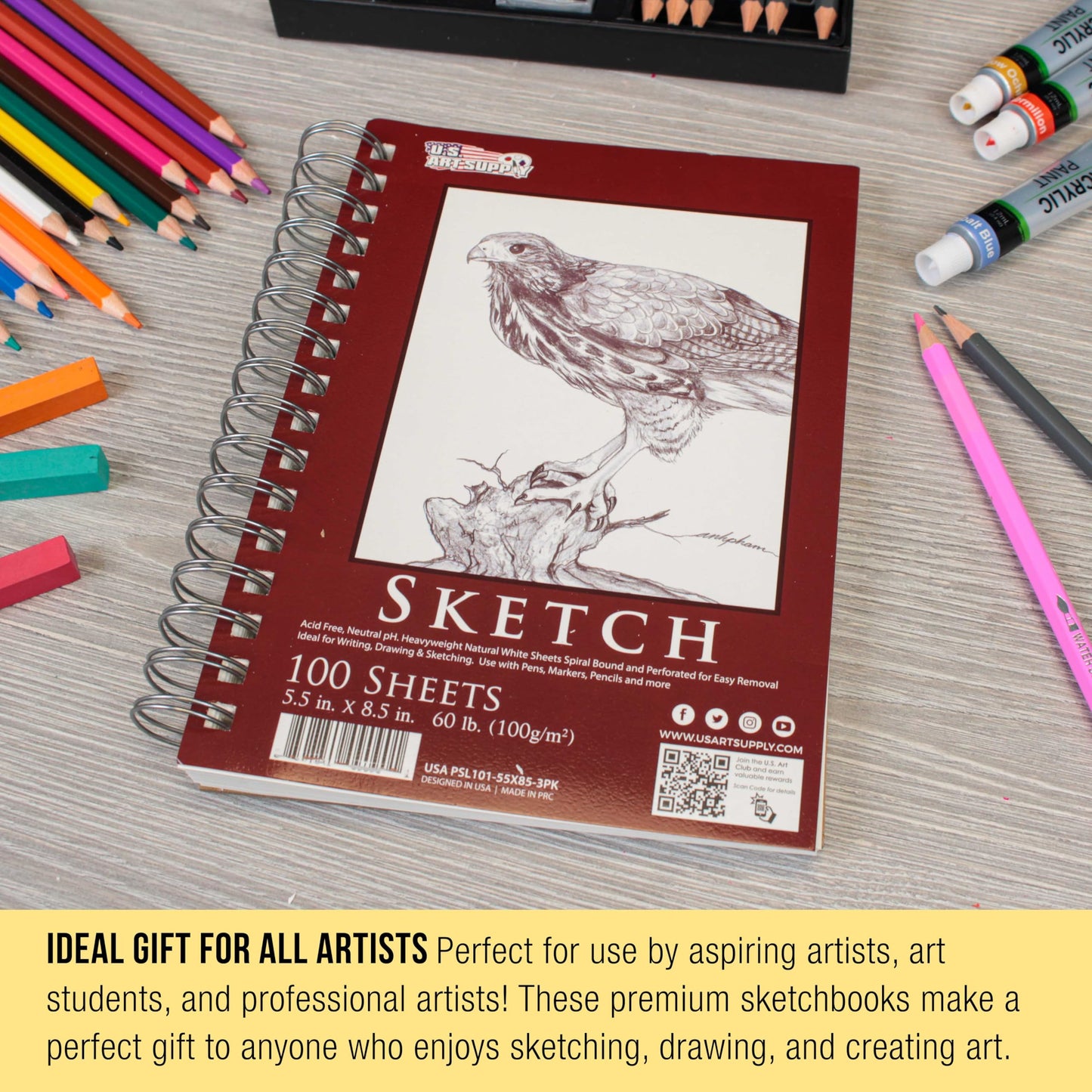 U.S. Art Supply 5.5"x8.5" Sketch Book Pad, 3 Pack (100 Sheets Each), 60lb (100gsm) Spiral Bound - Sketching, Drawing Pad, Acid-Free Paper - Sketch Pads for Adults, Students: Colored Pencils, Charcoal