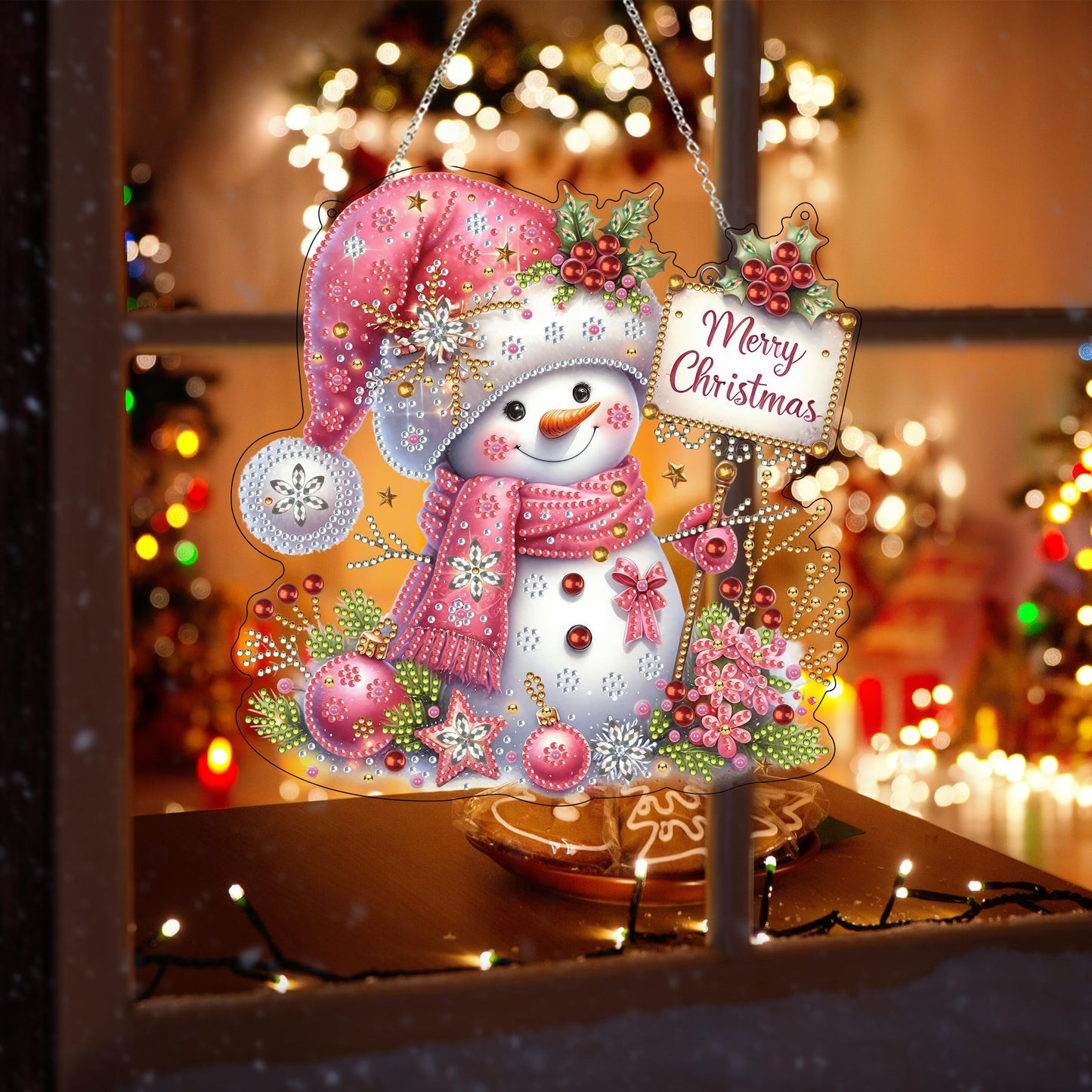 Diamond Art Hanging Kit for Adult,Special Shaped Rhinestone,DIY Acrylic Diamond Art Painting Window Pendants Home Garden Wall Hanging Kits Hanging Ornament,Double Sided. (Christmas Snowman-2)