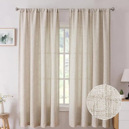 Tollpiz Linen Curtain Bedroom Rod Pocket Semi Sheer Curtains Burlap Light Filtering Thick Linen Drape for Living Room, 54 x 63 inches Long, Natural, Set of 2 Panels