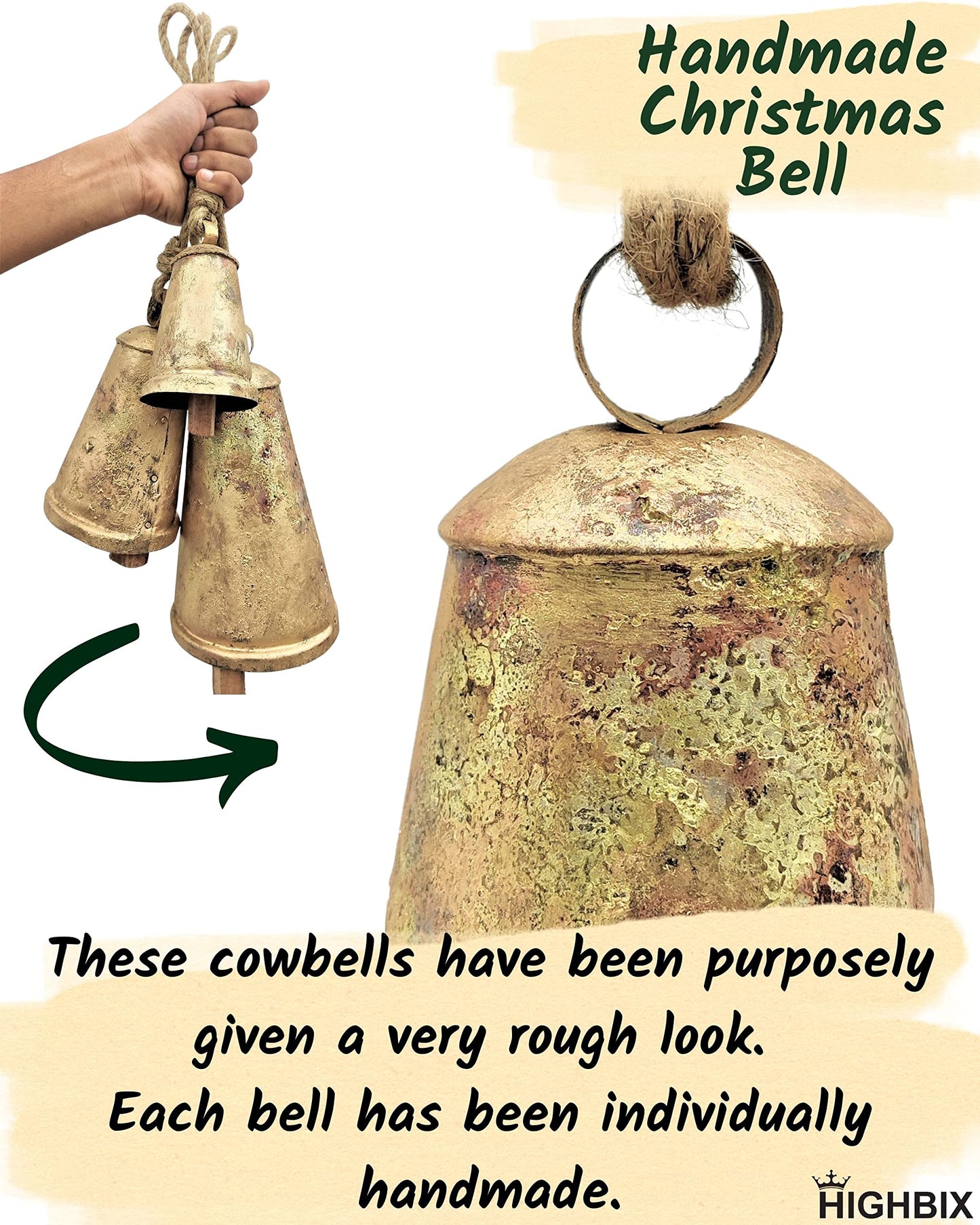 HIGHBIX Set of 3 Giant Harmony Cow Bells Huge Vintage Handmade Rustic Lucky Christmas Hanging Cone Bells (X-Large)