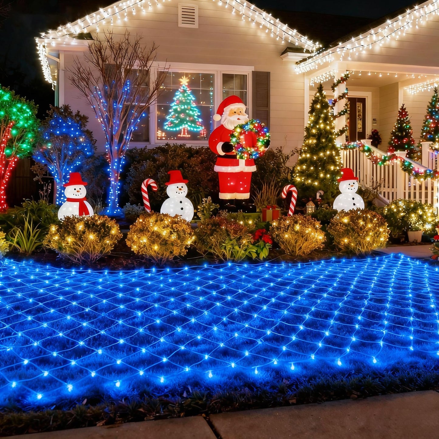 Pooqla Net Lights, 300LED Christmas Outdoor Mesh Light, 14.8x4.9 ft Fairy String Light with 8 Modes Green Wire, Connectable Waterproof for Bushes Tree Garden Christmas Decor, Blue