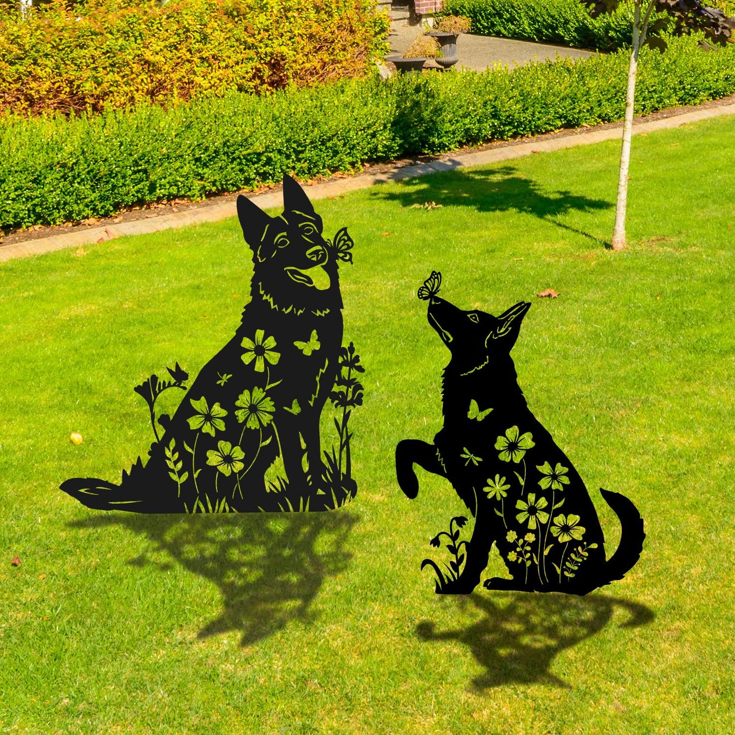 Rngmsi German Shepherd Metal Garden Stakes Yard Decor, 2PCS Black Dog Silhouette Statues Garden Decorative Gifts for Yard Art, Patio, Outside, Lawn Ornaments, Christmas, Backyard