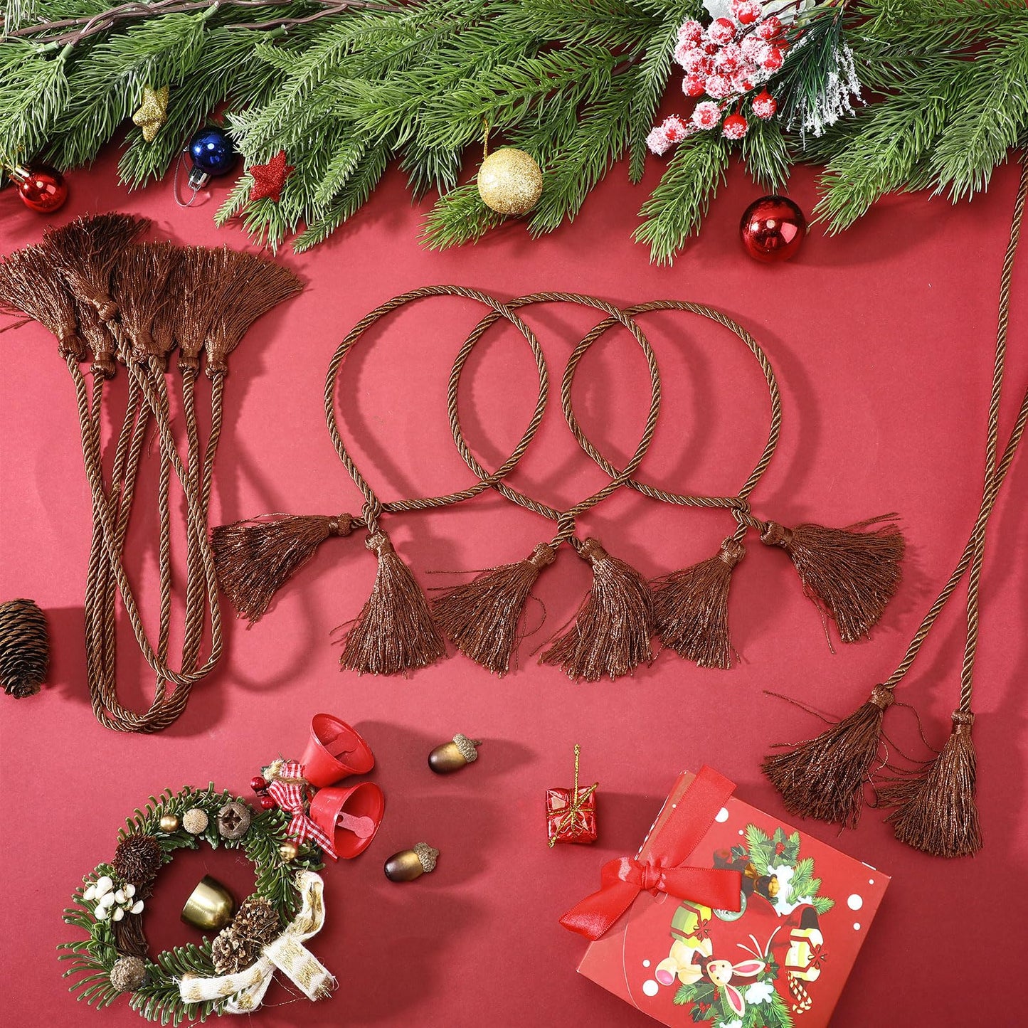 Zhengmy 15 Pcs 24 Inch Christmas Garland Ties with Tassels Decorative Twist Tie for Banister Reusable Flexible Twist Tie for Garland Fireplace Staircase Banister Home Xmas Holiday Decorations (Brown)