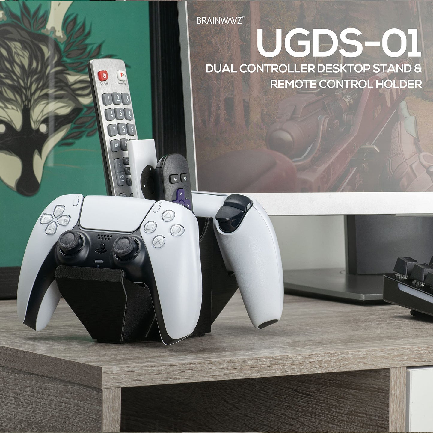 BRAINWAVZ Dual Game Controller & Storage Desktop Holder, Universal Design for Xbox ONE PS5 PS4 PC Gamepads, Reduce Clutter, UGDS-01
