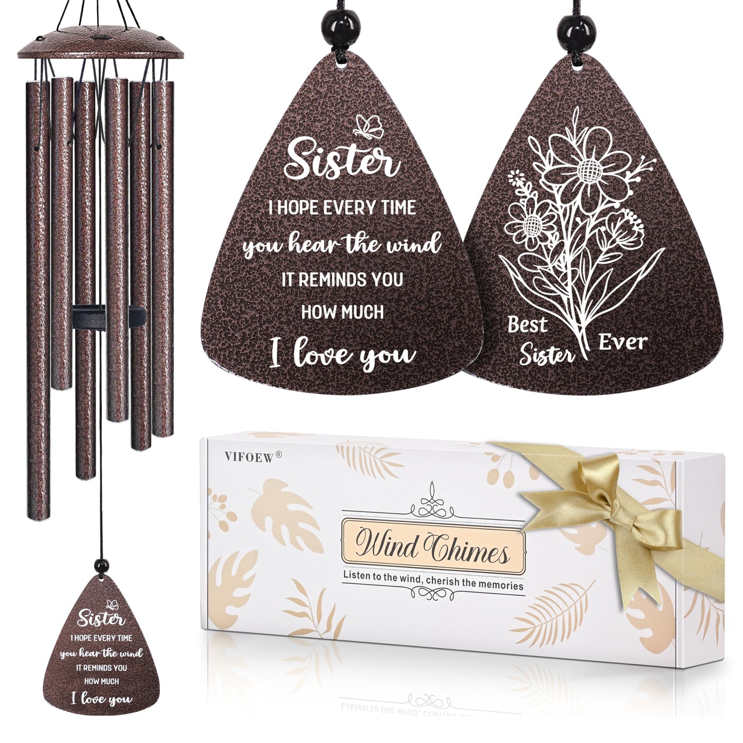 Sister Gifts, 32" Bronze Wind Chimes, Sister's Birthday Gifts from Sisters Brother, Sisters in Law Gift, Best Sister Ever Gift for Women Birthday Christmas Mother's Day, Home Decor
