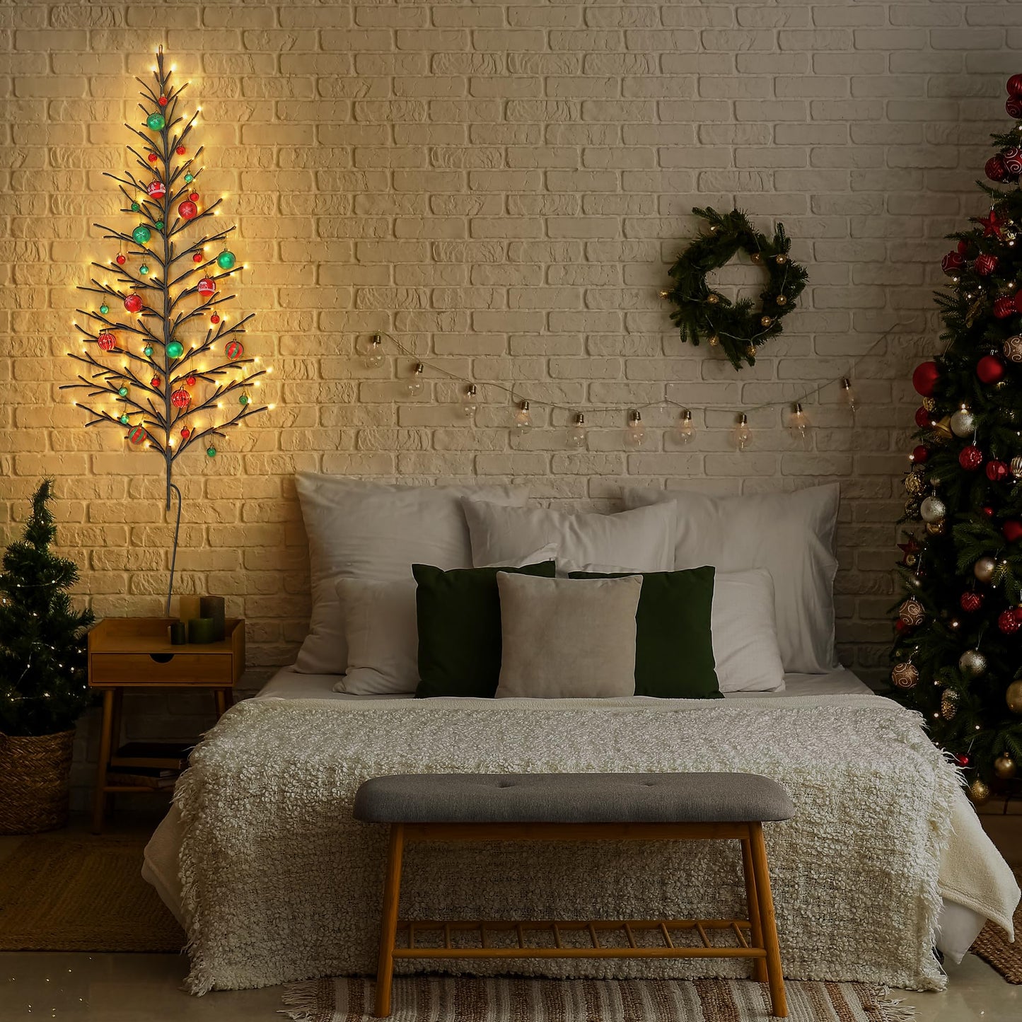 ElectricWise 5 FT 144 LED Lighted Wall Christmas Tree with Decorative Balls, 8 Light Modes Plug in Half Christmas Tree, Hanging Flat Mounted Trees for Holiday Apartment Room(Black, Red and Green)