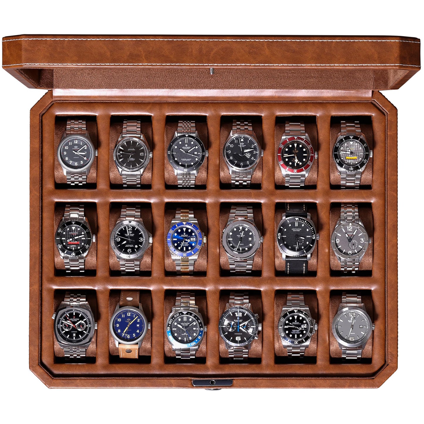 ROTHWELL 18-Slot Watch Case – Luxury Watch Box for Men, Real Glass Top, Lockable, Elegant Display for Collections (Tan/Brown)