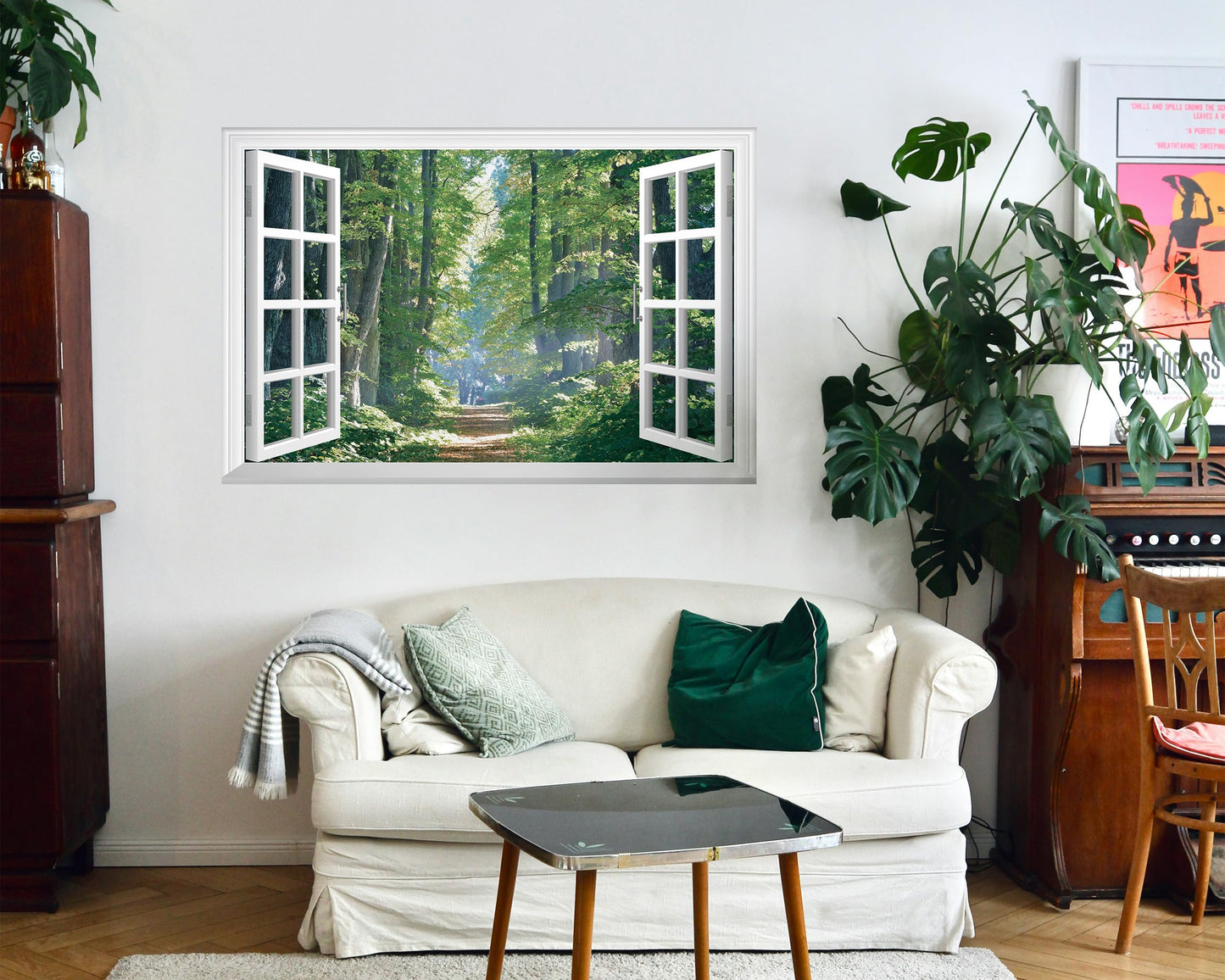 FLFK Fake Window Wall Mural - Road in The Forest Faux Window Wall Sticker for Wall Decor, Peel and Stick Wall Decals,48"x32",Set of 2 Sheets