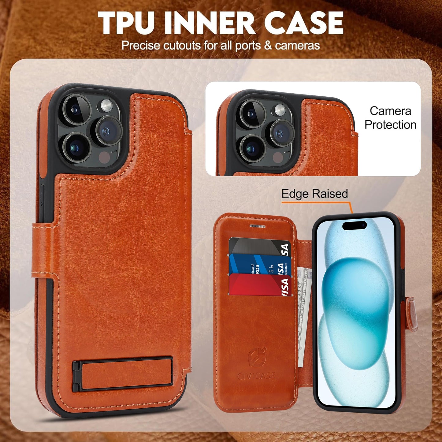CIVICASE for iPhone 15 Pro Max Wallet Case with Stand,PU Leather Flip Credit Card Holder Slots (RFID Blocking),Compatible with Magsafe Magnetic Holder Phone Cover Women Men,Brown