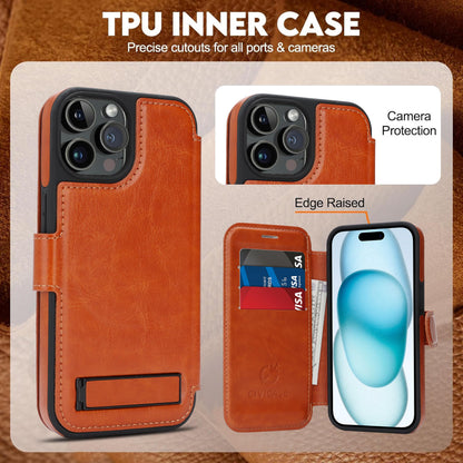 CIVICASE for iPhone 15 Pro Max Wallet Case with Stand,PU Leather Flip Credit Card Holder Slots (RFID Blocking),Compatible with Magsafe Magnetic Holder Phone Cover Women Men,Brown