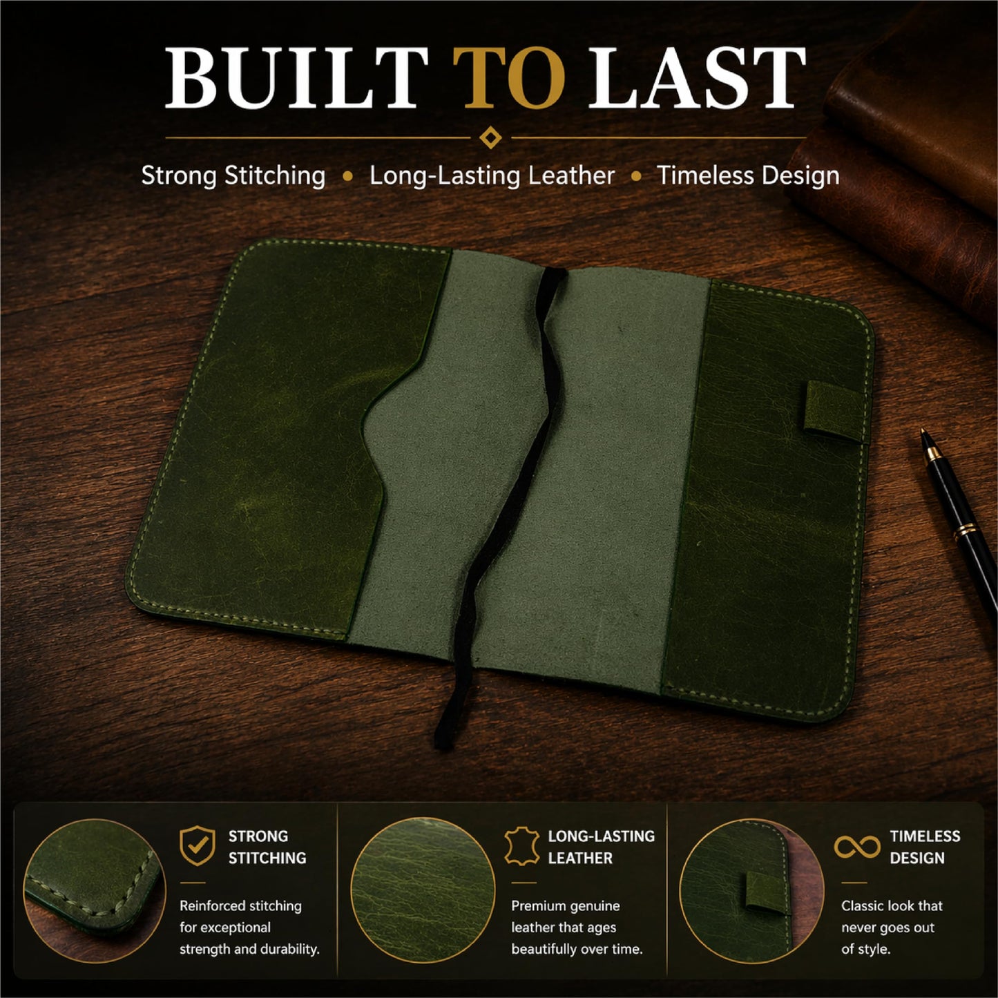 TheAntiq Leather Journal Cover XL – Handmade Refillable Notebook Holder with Pen Loop, Writing Organizer for Office, Travel & Professional Use 7.5 x 9.8- Green