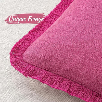 MIULEE Decorative Throw Pillow Covers Neutral Linen Fringe Throw Pillows Euro Shams Set of 2 Hot Pink Boho Farmhouse Cushion Covers for Couch Sofa Bed Living Room Spring Home Decor 22x22 Inch