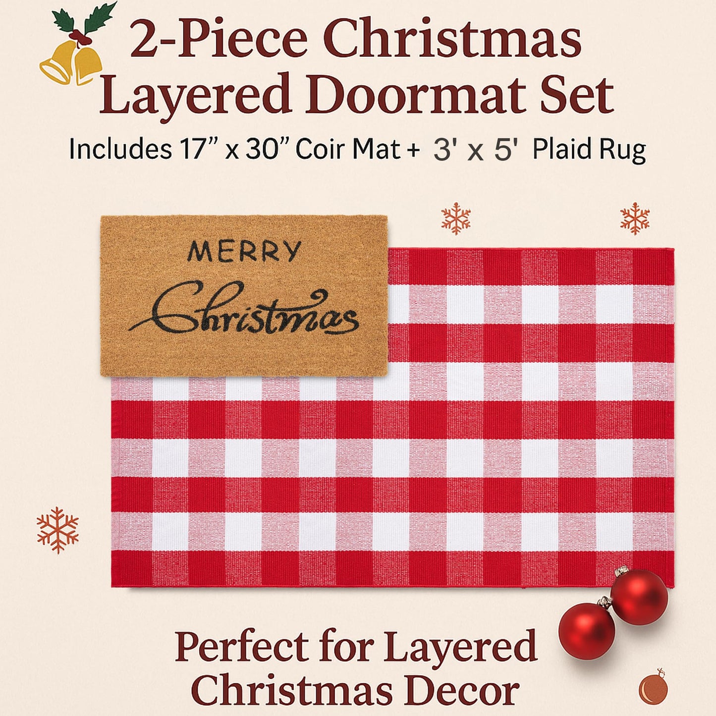 Christmas Door Mat Combo Set - 100% Coco Coir Welcome Mat + 3' x 5' Red and White Plaid Rug, Christmas New Year Holiday Collection Doormat for Front Porch Entryway Decorative