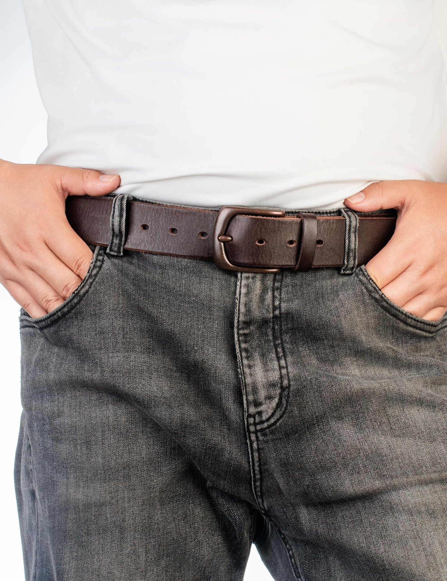 TYWestyles No Buckle Full Grain Leather Belt Men Women Fits With 1.5 Inch Buckle (Dark Brown, M（Fit Waist 31-33)