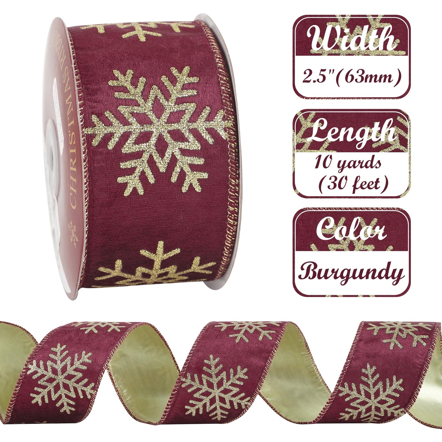 AIMUDI Burgundy and Gold Christmas Velvet Ribbon Wired 2.5 Inch Glitter Snowflake Wired Ribbon for Wreaths, Christmas Tree, Gift Wrapping, Garland, Holiday Crafts, Topper Bows, 10 Yards