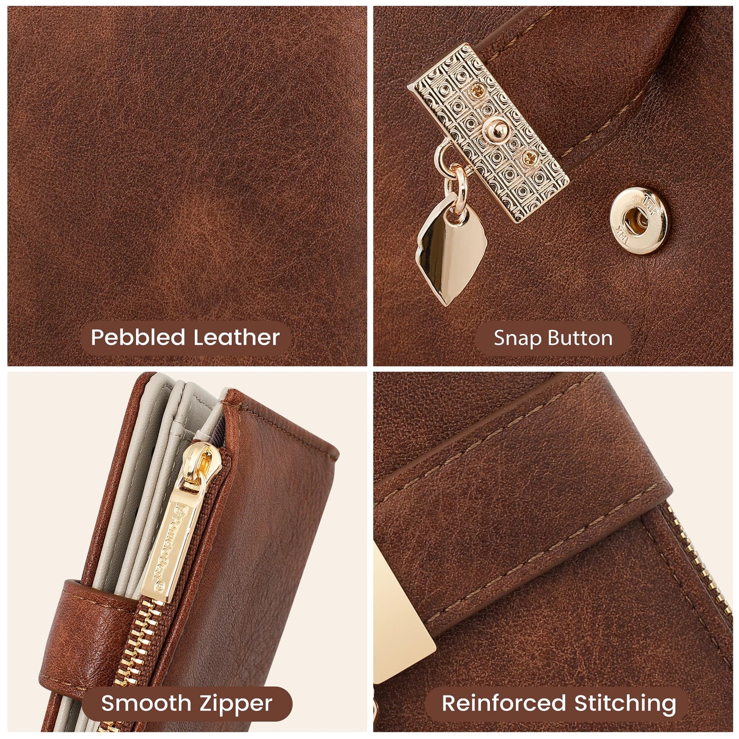 Pomelo Best Wallet Women Large Capacity Bifold Wallets for Women Credit Card Holder 8 Card Slots with 2 ID Window Zipper Coin Pocket Brown