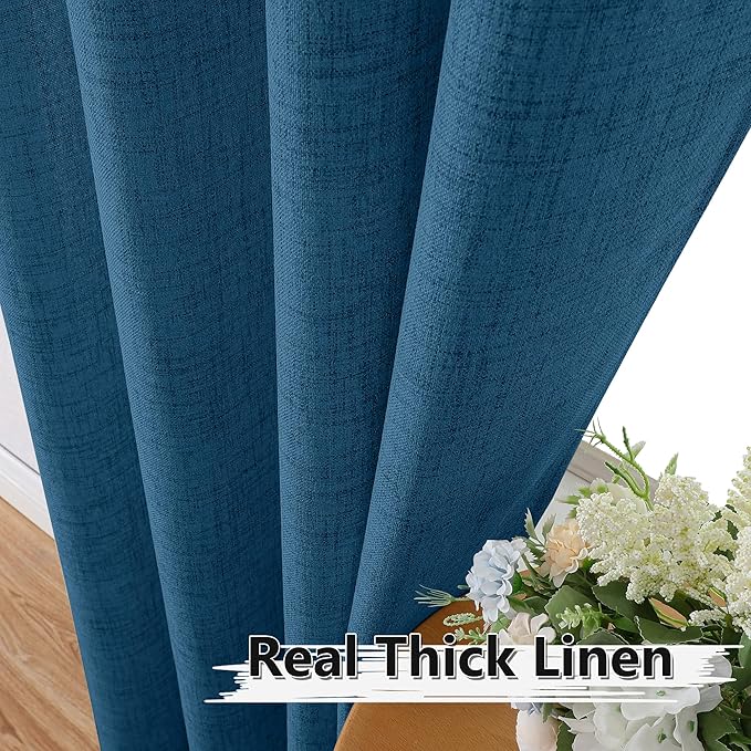 Tollpiz Short Linen Tier Curtains Rod Pocket Semi Sheer Half Kitchen Curtain Burlap Light Filtering Thick Linen Drapes for Bathroom, 30 x 24 inches Long, Classic Blue, Set of 2 Panels