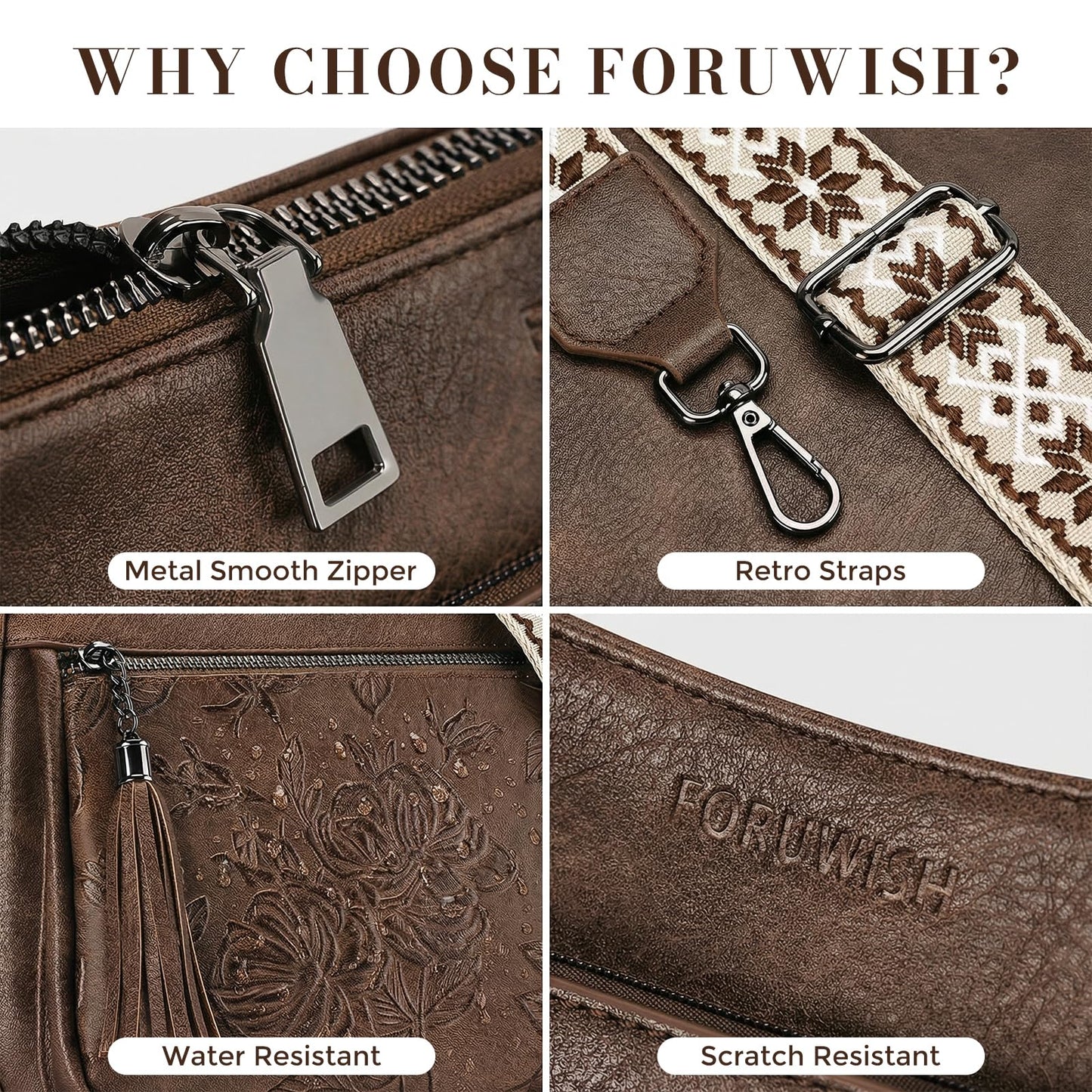 FORUWISH Crossbody Bags for Women, Coffee Brown Vegan Leather Medium Crossbody Purse, Spacious Daily Travel Shoulder Bag with Boho Strap