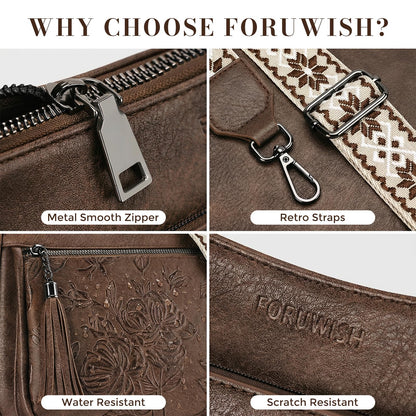 FORUWISH Crossbody Bags for Women, Coffee Brown Vegan Leather Medium Crossbody Purse, Spacious Daily Travel Shoulder Bag with Boho Strap