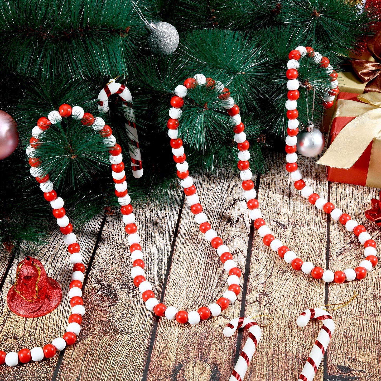 Hicarer 16 Feet Christmas Wooden Bead Garland Christmas Wood Bead Garland Decor Xmas Candy Cane Decoration Farmhouse Rustic Tree Decoration for Holiday Party(Mixed Red and White)