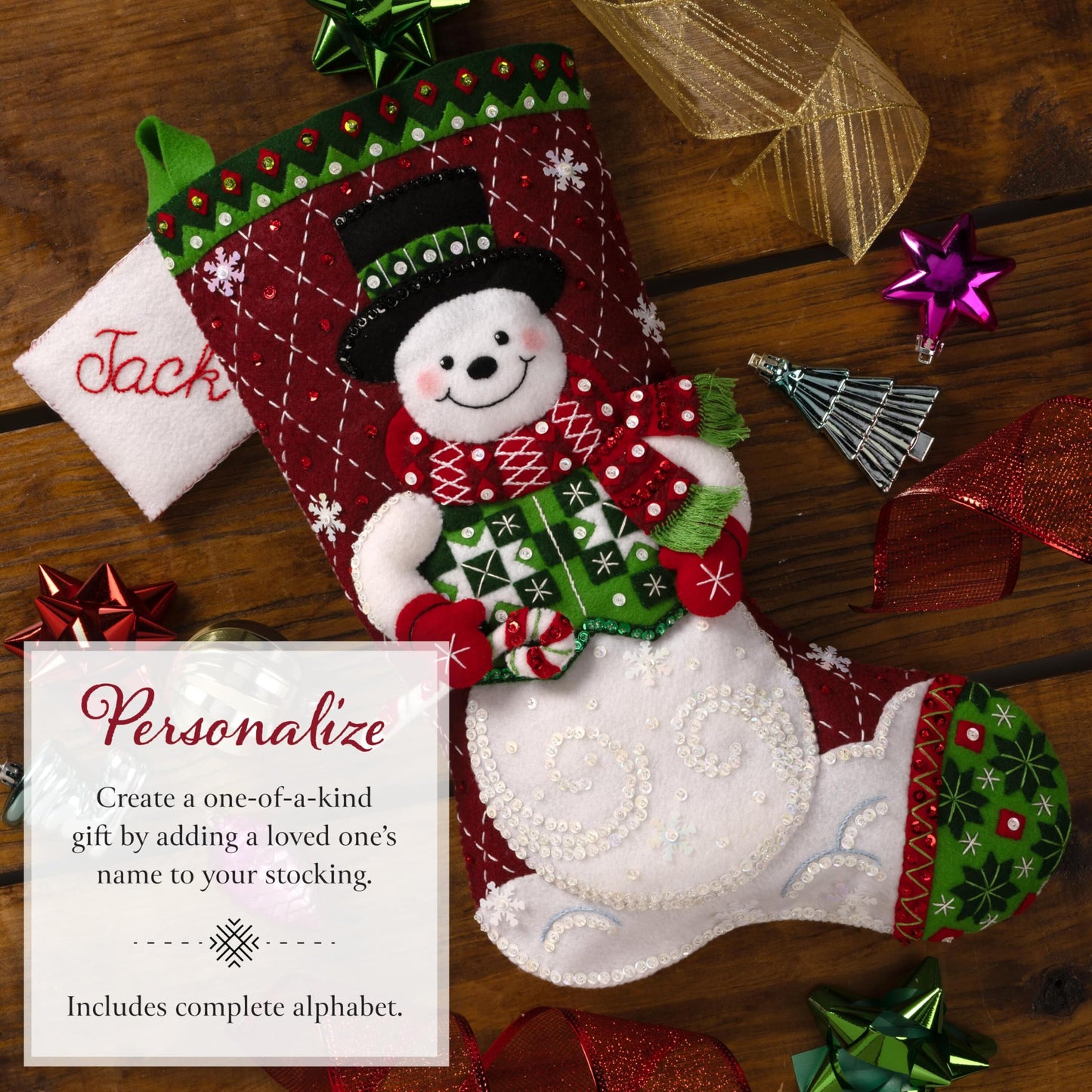 Bucilla Felt Applique 18" Stocking Making Kit, Snowman's Quilted Delight, Perfect for DIY Arts and Crafts