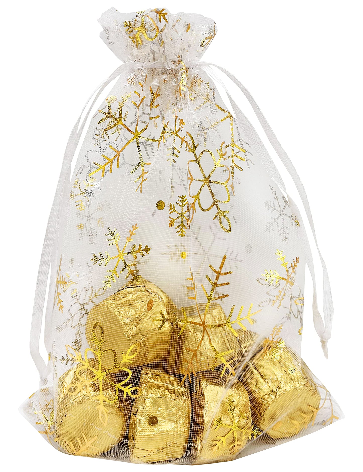 Jexila 100PCS Christmas Organza Gift Bags 5''X7'' Small Snowflake Drawstring Goodie Candy Treat Bag Mesh for Kids Christmas Holiday Party Favors