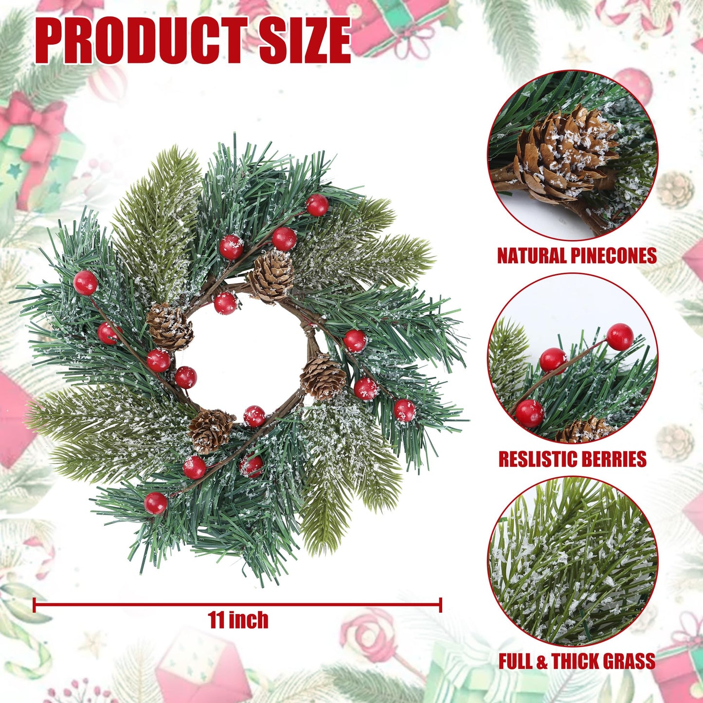 Sggvecsy 4 Pcs Christmas Candle Rings Norfolk Pine Wreath Table Centerpieces Artificial Red Berries Pinecones Small Wreaths Kitchen Cabinets Pillars Mini Candle Rings for Window Front Door Decor