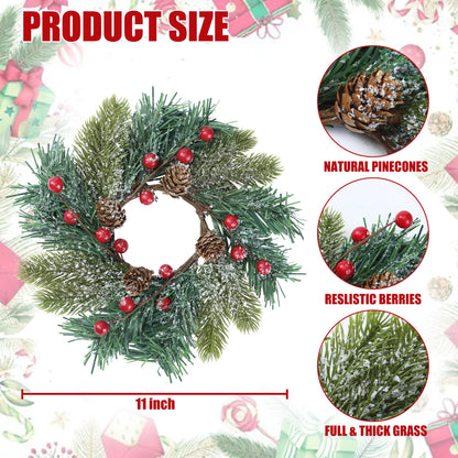 Sggvecsy 4 Pcs Christmas Candle Rings Norfolk Pine Wreath Table Centerpieces Artificial Red Berries Pinecones Small Wreaths Kitchen Cabinets Pillars Mini Candle Rings for Window Front Door Decor