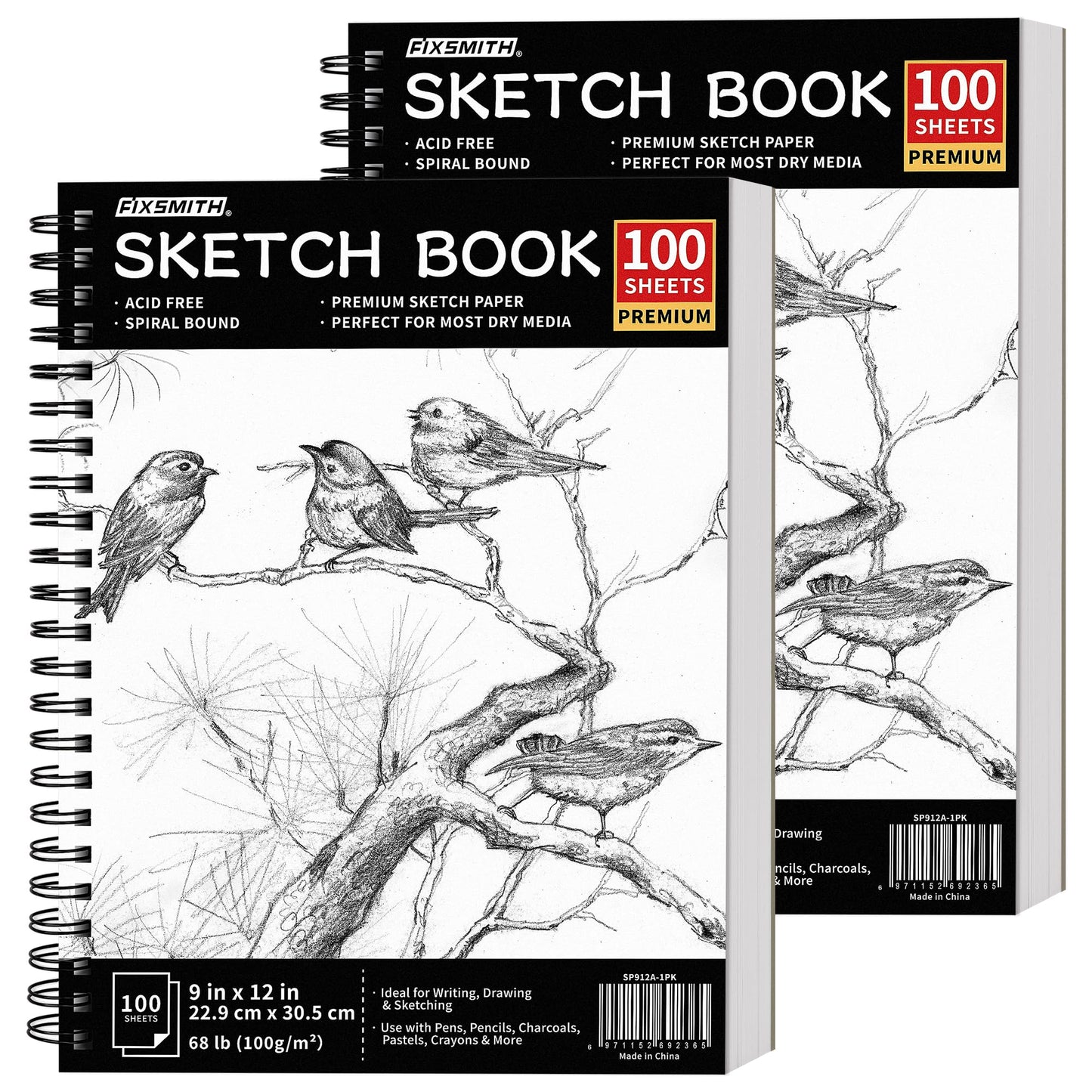 FIXSMITH 9"X12" Sketch Book | 200 Sheets (68 lb/100gsm) Sketchbook| 2 Pack (100 Sheets Each) |Acid Free Drawing Paper | Spiral Bound Sketchpad for Beginners,Artists & Professionals | Bright White