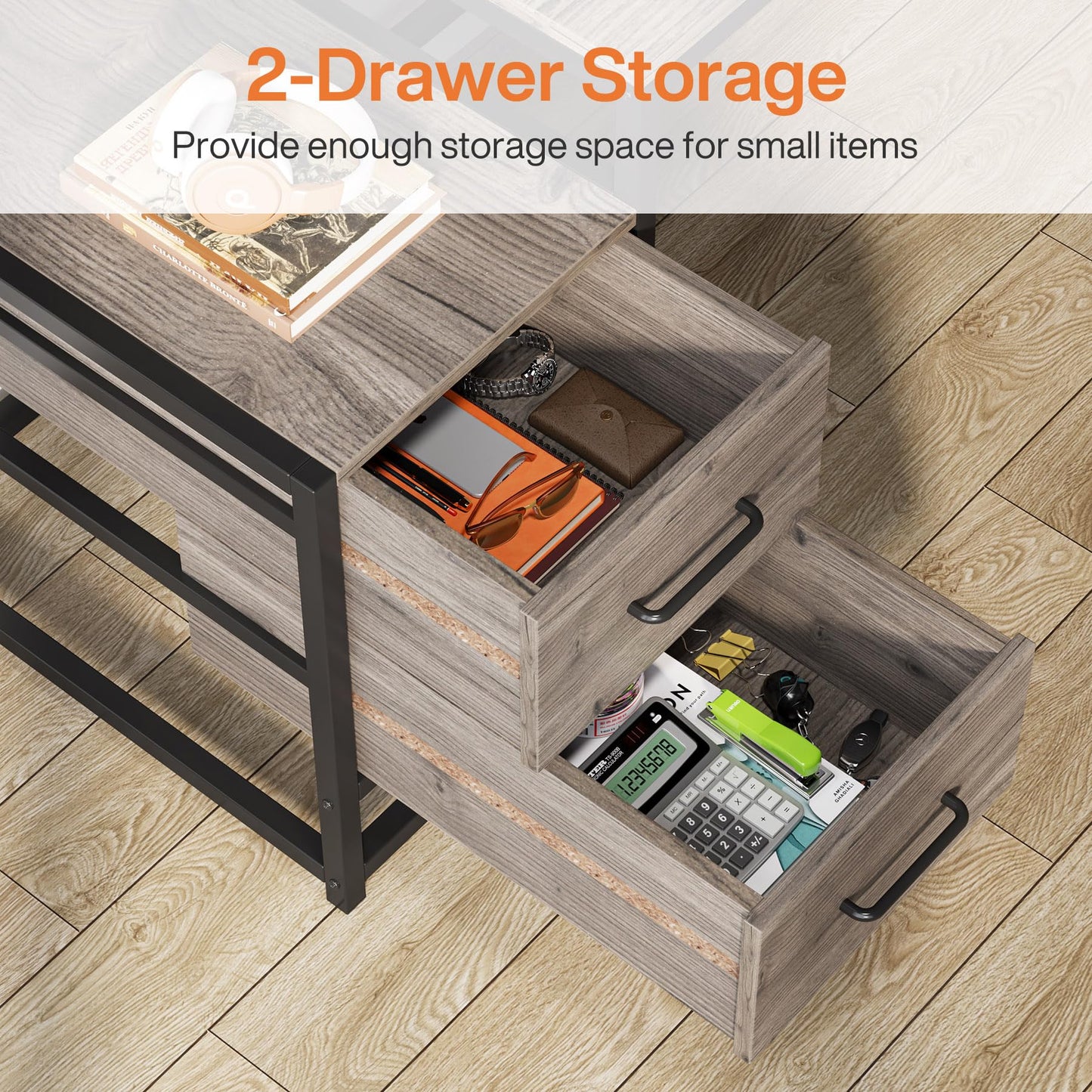 Tribesigns 55 Inch Computer Desk with 2 Drawers and Storage Shelves, Rustic Office Desk with Hutch, Study Writing Gaming Table Laptop Workstation for Home Office (Grey)