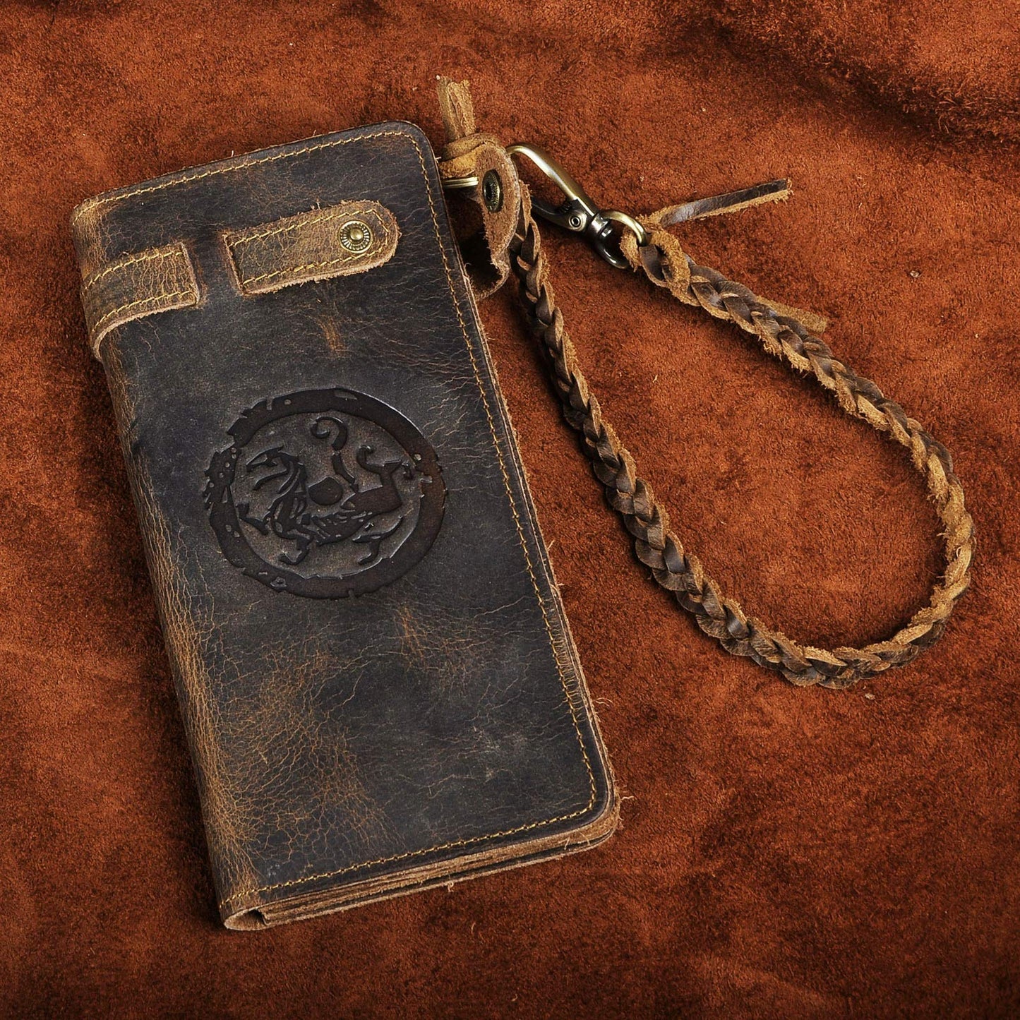 Le'aokuu Mens Genuine Leather Bifold Wallet Organizer Checkbook Removable Chain Wallet