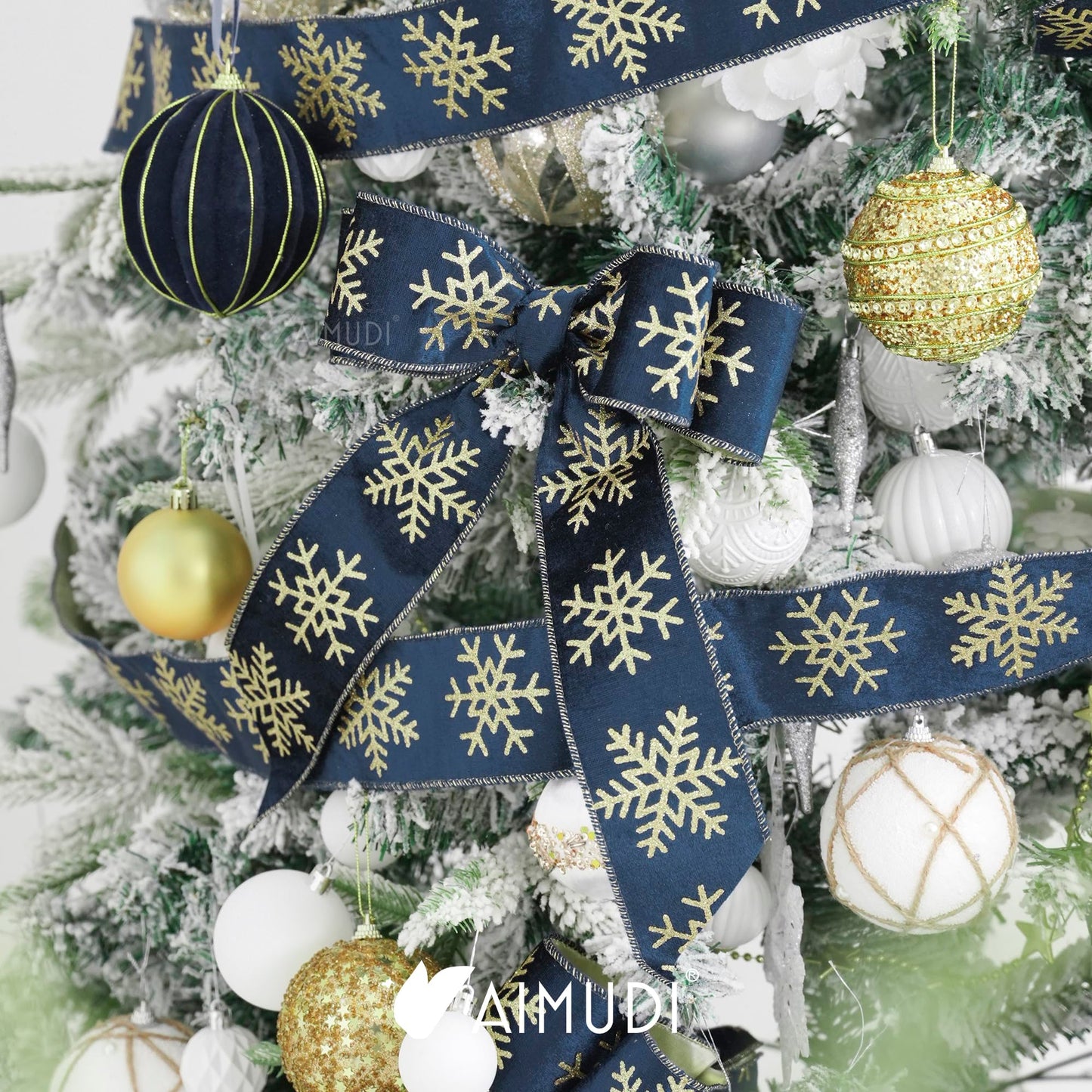 AIMUDI Navy Blue Velvet Ribbon 2.5 Inch Navy and Gold Snowflake Christmas Wired Ribbon for Gift Wrapping, Wreaths, Christmas Trees, Garlands, Holiday Crafts, Topper Bows, Home Decor 10 Yards