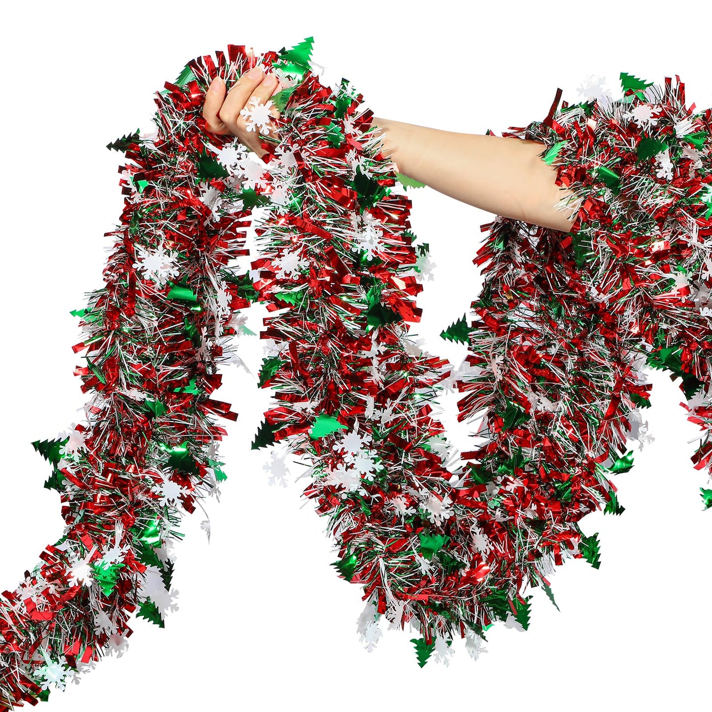 50 Feet Green Red Christmas Metallic Tinsel Twist Hanging Garland with Snowflake Xmas Tree for Home Mantle Xmas Tree Staircase Railing New Year Holiday Party Indoor Outdoor Decorations