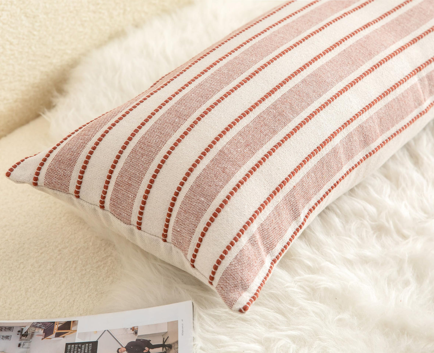 Cethom Decorative Boho Lumbar Pillow Covers, Modern Farmhouse Couch Pillowcase, 14 x 36 Long Accent Body Throw Pillow Covers, Sofa Bed Living Room Decor Cushion Case, Rust and Beige, Pack of 1