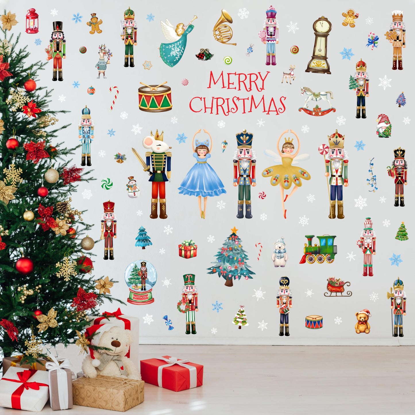 Christmas Nutcracker Wall Stickers Decoration 12 Sheets, Christmas Wall Decals Holiday Nutcracker Decor, Winter Snowflake Vinyl Stickers for Living Room Bedroom Home Office