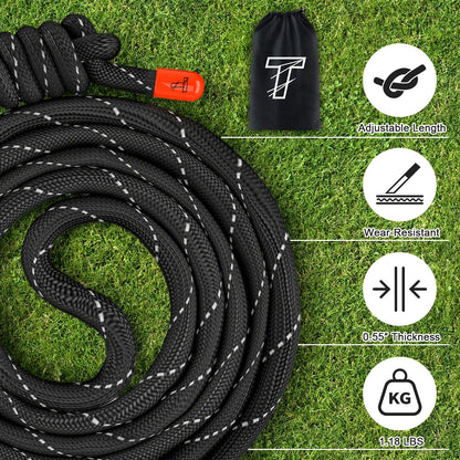 Flow Rope Exercise Jump Rope For Fitness, Working Out, Flow with 9 Ft 2Lbs Adjustable Double Woven Workout Rope For Men, Women, Beginners' Training – Indoor & Outdoor Cardio (Black(Reflective tape))