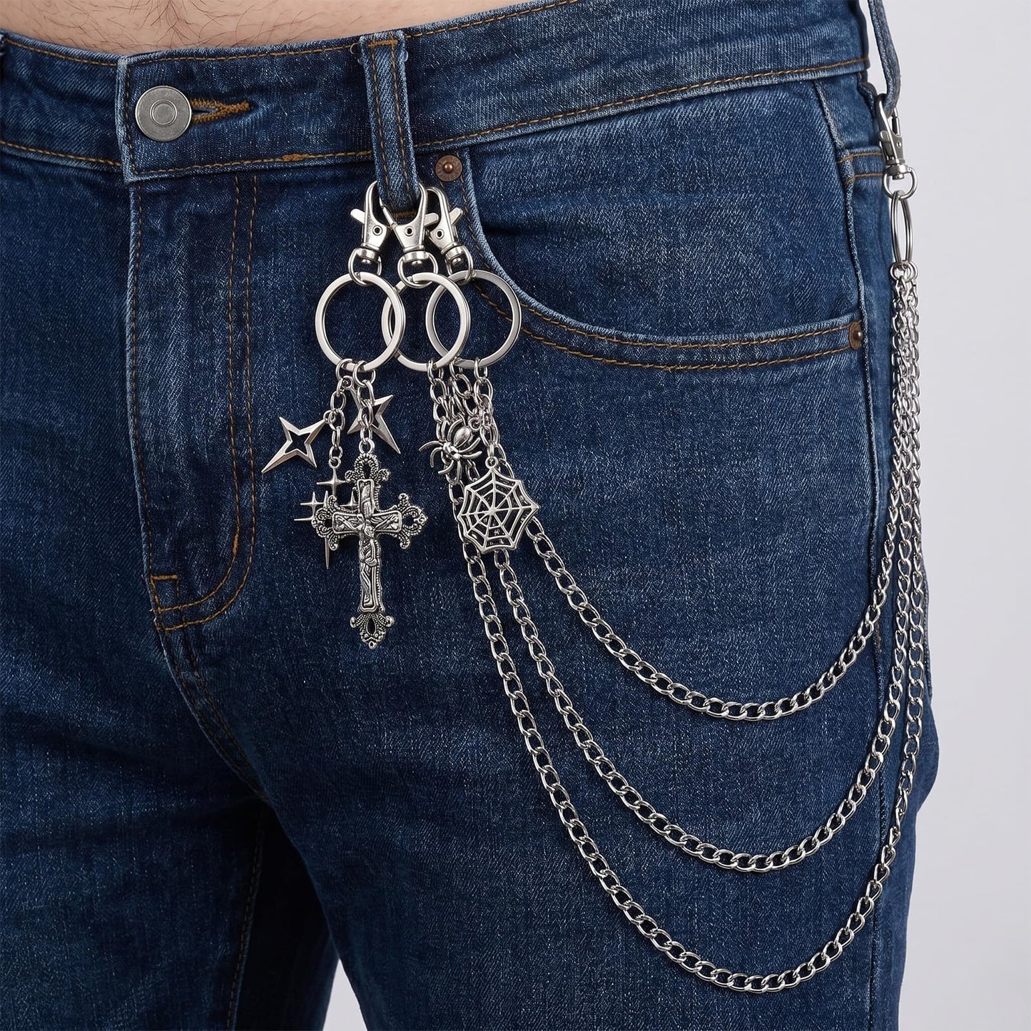 Thrist Punk Jeans Chains Keychain Set - 7 Pieces Y2K Goth Grunge EMO Layered Chunky Pants Chain Keychain Set Silver Star Belt Chains Keychains Jewelry Accessory for Women Men Jeans Bag Pocket Wallet