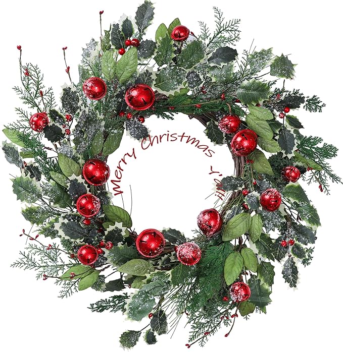 YNYLCHMX 20 Inch Winter Wreath for Front Door, Winter Wreaths with Pine Needles Holly Red Bells, Artificial Door Snowy Wreaths for Outdoor Indoor Reef Farmhouse Windows Wall Holiday Decoration