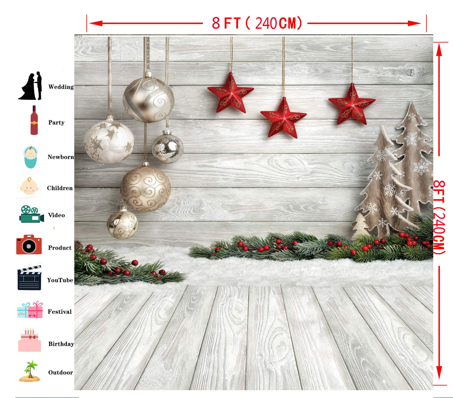 Dudaacvt 8X8ft Christmas Backdrop White Wood Floor with Snowflake Backdrop Christmas Tree Gifts Background for Family Gathering