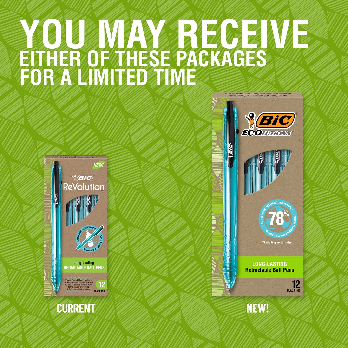 BIC Ecolutions Ocean-Bound Ball Pens, Medium Point (1.0mm), 12-Count Pack, Black Ink Pens Made from 78% Ocean-Bound Recycled Plastic