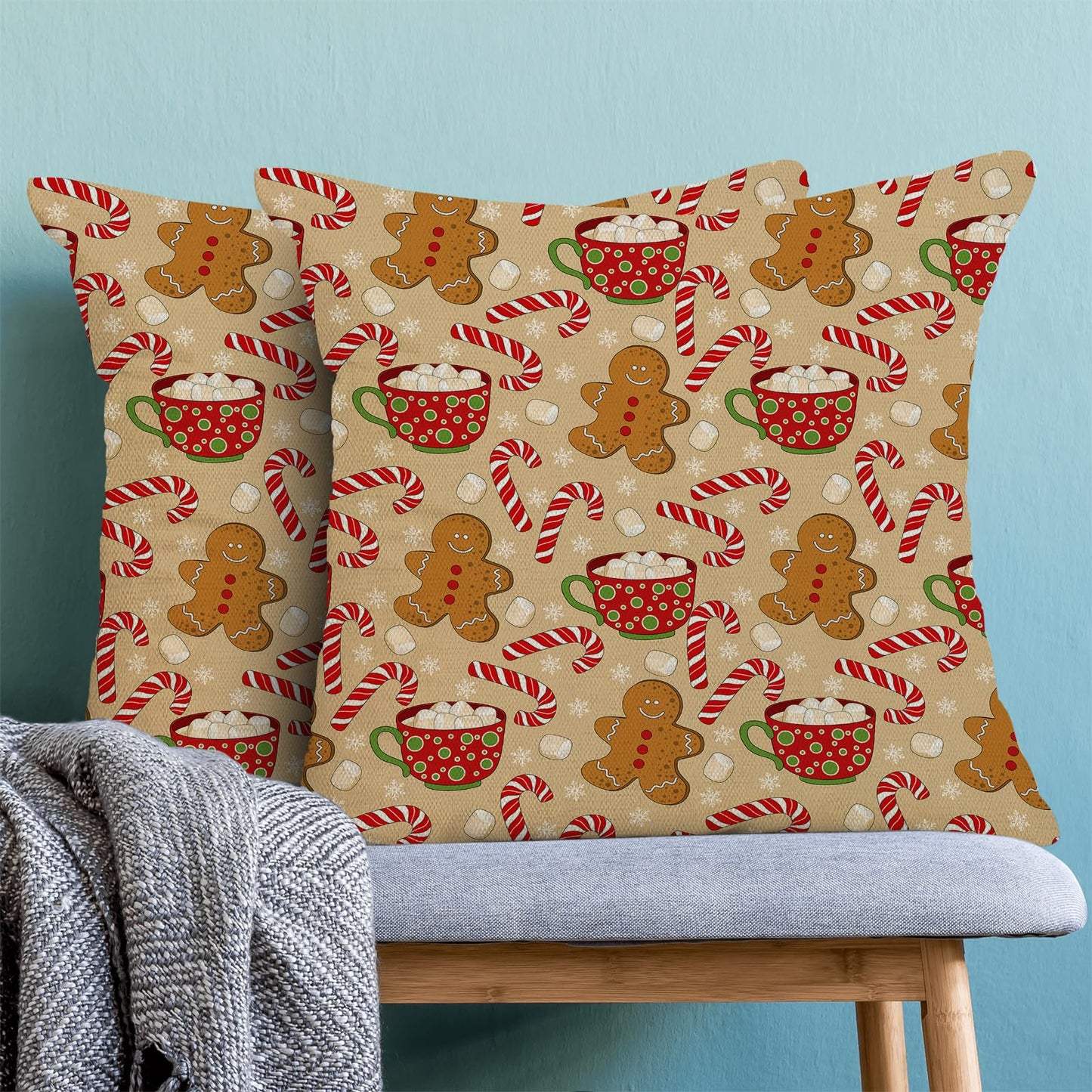 Christmas Pillow Covers 18 x 18 Inch Set of 2 Winter Brown Gingerbread Man Throw Pillows Outdoor Decorative Marshmallow Candy Xmas Pillowcases Linen Cushion Cases for Farmhouse Home Bed Sofa Couch
