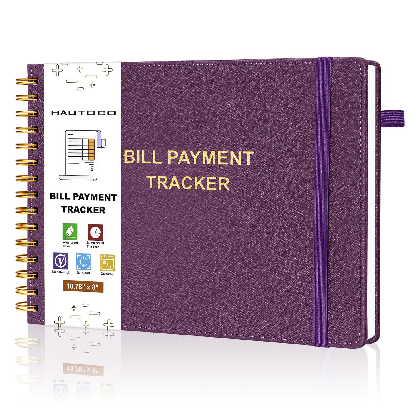 HAUTOCO Hardcover Bill Tracker Notebook Horizontal Monthly Bill Payment Organizer for Personal Budgeting Home Finance with 2 Storage Pocket Expense Checklist Tracking Planner 10.78 x 8'', Deep Purple