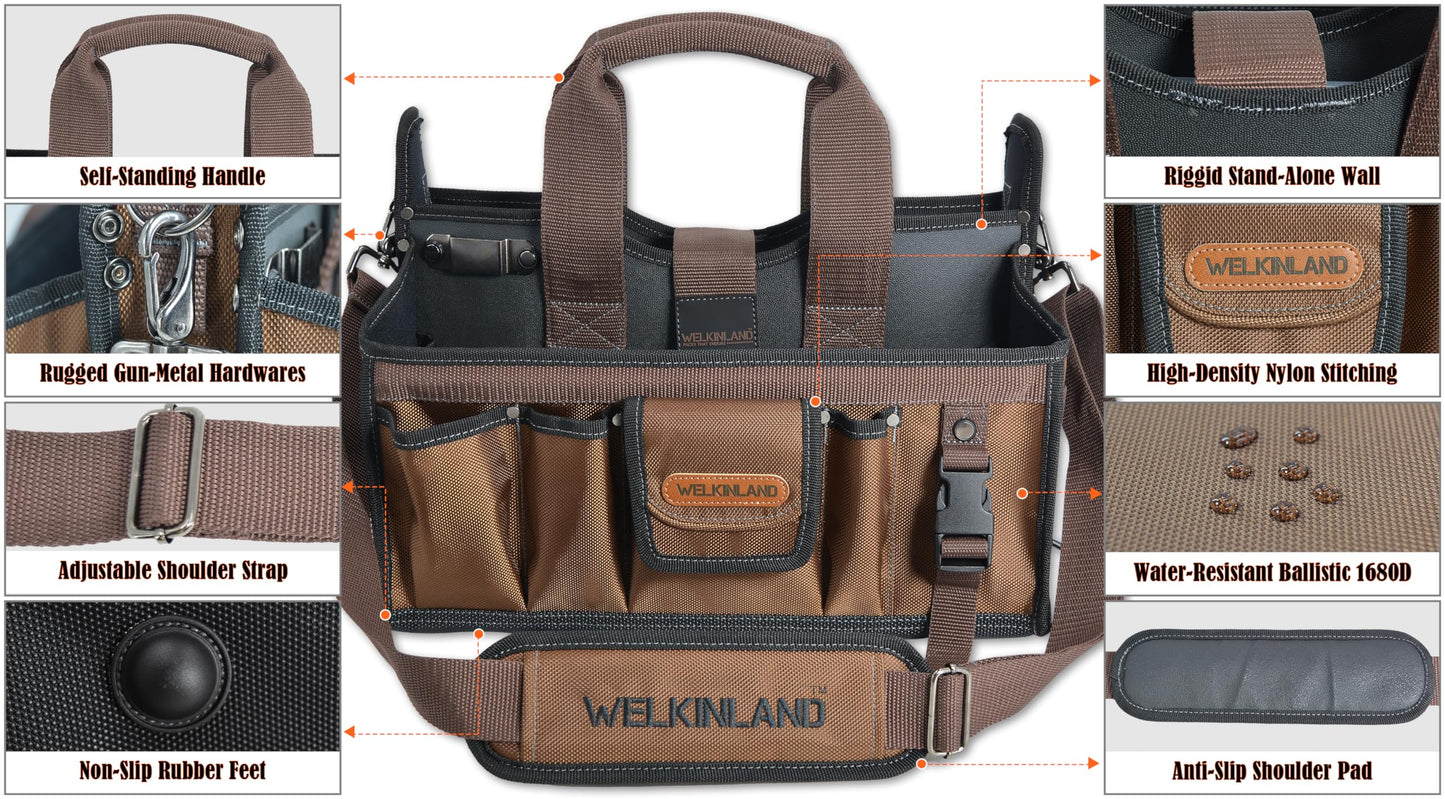 WELKINLAND 20-Pockets Tool Tote Bag, 16" Electrician Tool Bag, Open-Top Tool Bag, Stay-Up HVAC Tools Bag, Brown Tech Tools Bags, HVAC Bag, Tool Tote Bag With Handle