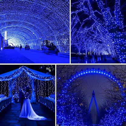 JXLEDAYY 200 FT 500 LED Christmas Lights Outdoor Fairy Lights Plug in Extra Long String Lights Clear Wire Waterproof 8 Modes Timer for Outside House Tree Garden Yard Wedding Party Decorations-Blue