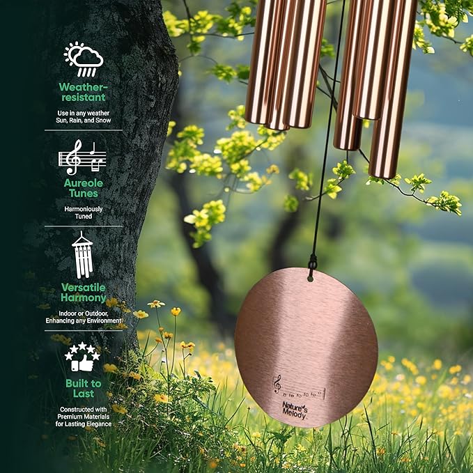 Nature’s Melody Aureole Tunes Wind Chimes – Outdoor Windchime with 6 Tubes Tuned to B Pentatonic Scale, 100% Rustproof Aluminum, Powder Finish & S Hook Hanger for Sympathy, Memorial Gift or Zen Garden