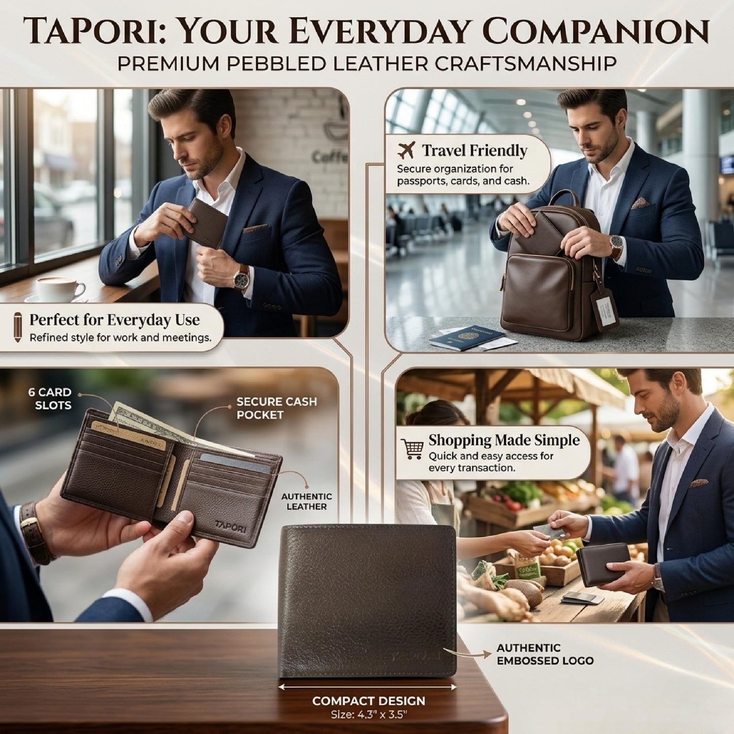 TAPORI Men's Genuine Leather Bifold Wallet Slim RFID Blocking Wallet with Coin Pocket, 6 Card Slots, ID Window, 2 Bill Compartments & Button Closure Durable Everyday Wallet for Men (Tan)