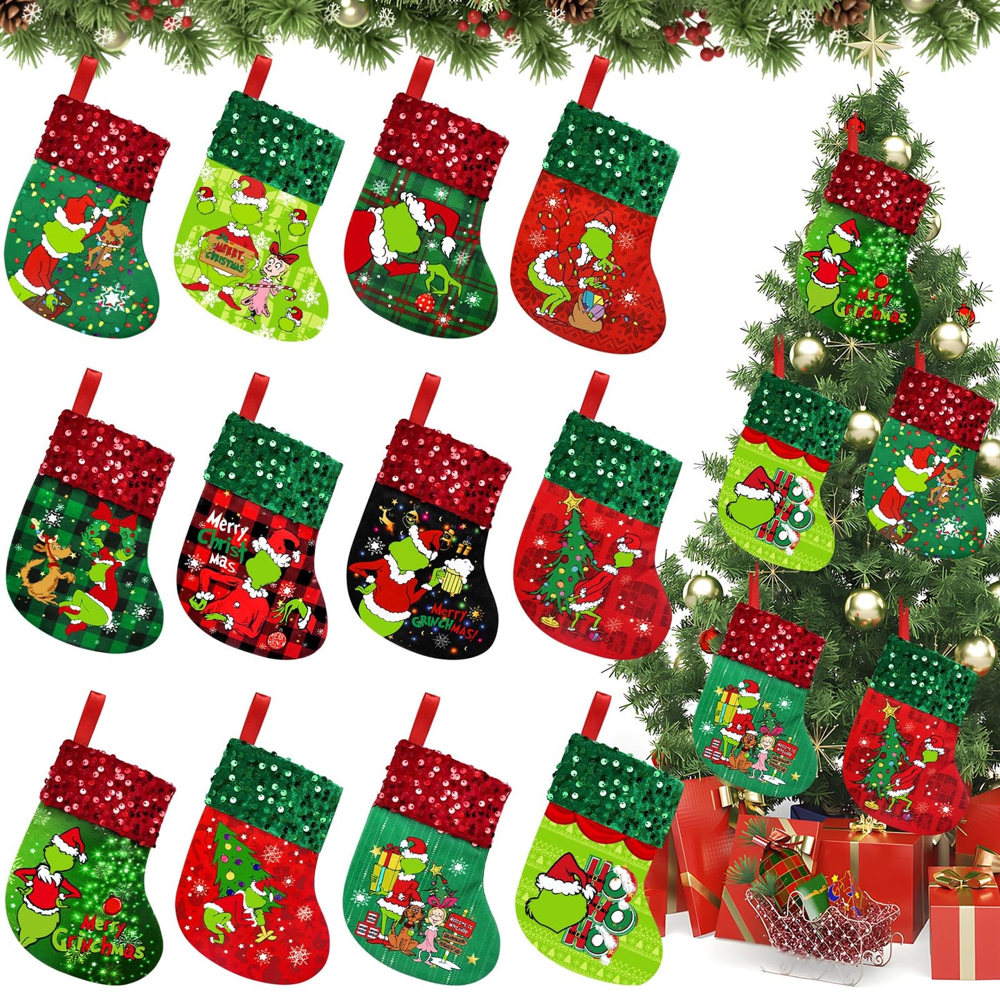 TeePolly 12 Pack Small Christmas Stockings, 7 Inch Mini Funny Xmas Stocking, Christmas Hanging Stockings for Kids Holiday Fireplace Xmas Tree Hanging Ornaments Decor