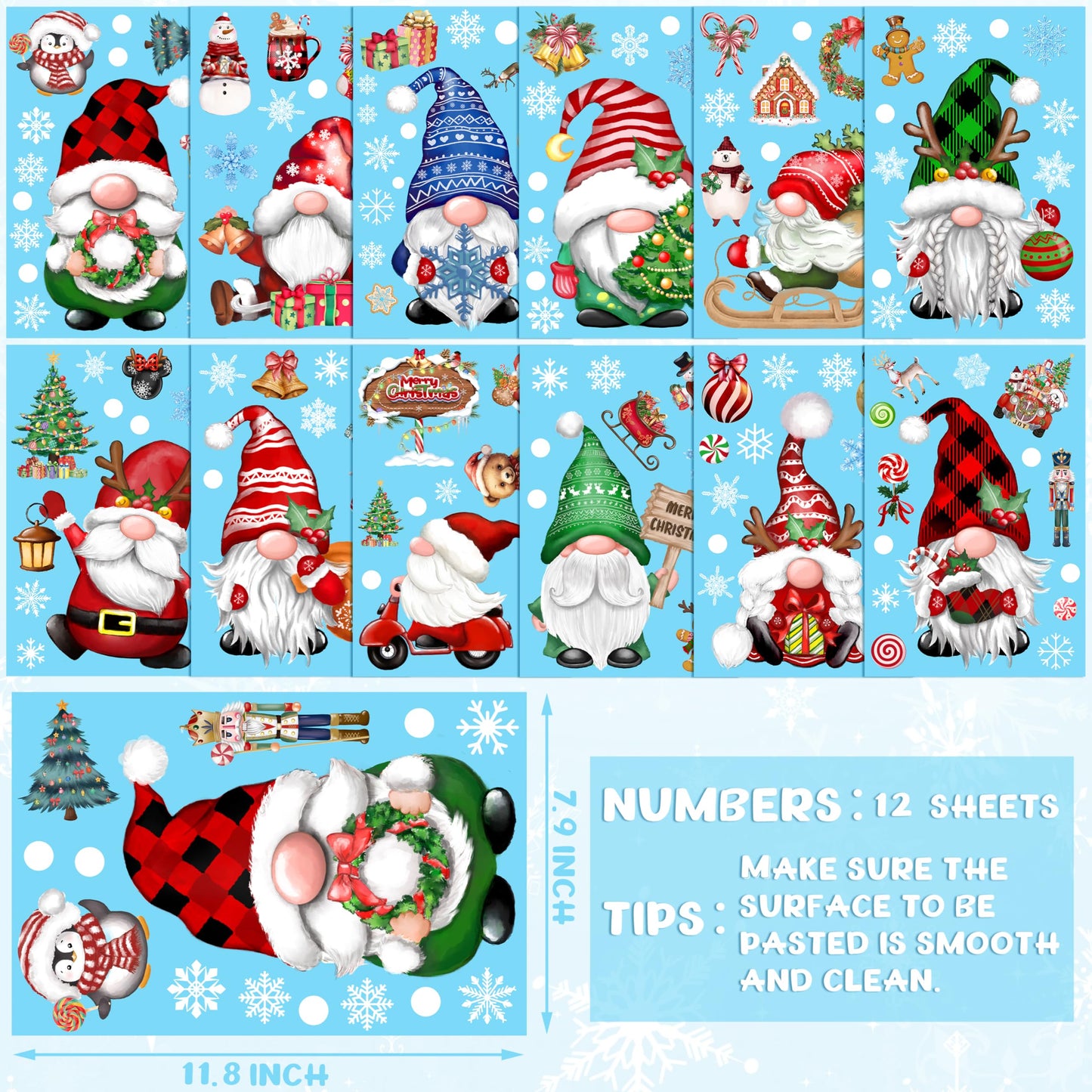 Christmas Gnomes Wall Stickers Decoration 12 Sheets, Christmas Wall Decals Holiday Gnome Decor, Winter Snowflake Vinyl Stickers for Living Room Bedroom Home Office Decor