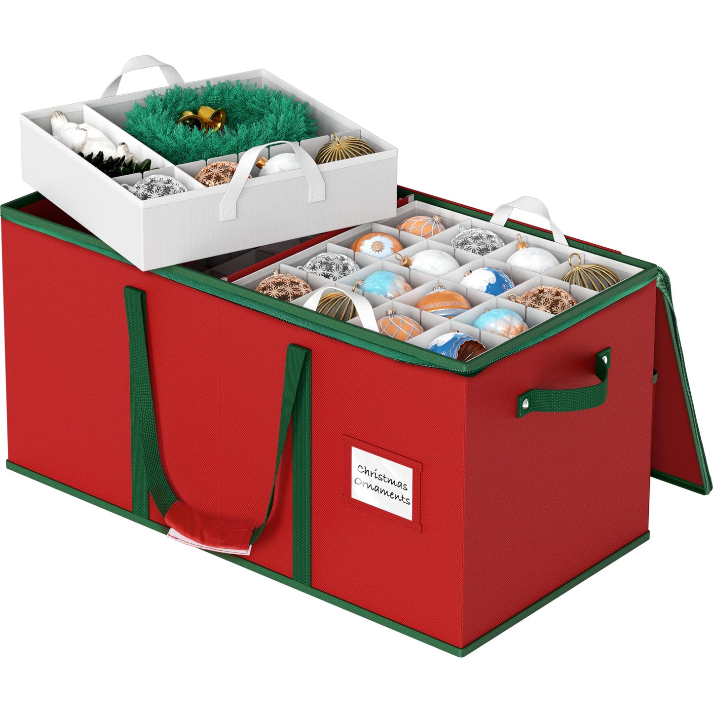 Simple Houseware Heavy-Duty Large Christmas Ornament Storage Box with Adjustable Dividers, Stores up to 128 Ornaments, Zipper Lid, Red