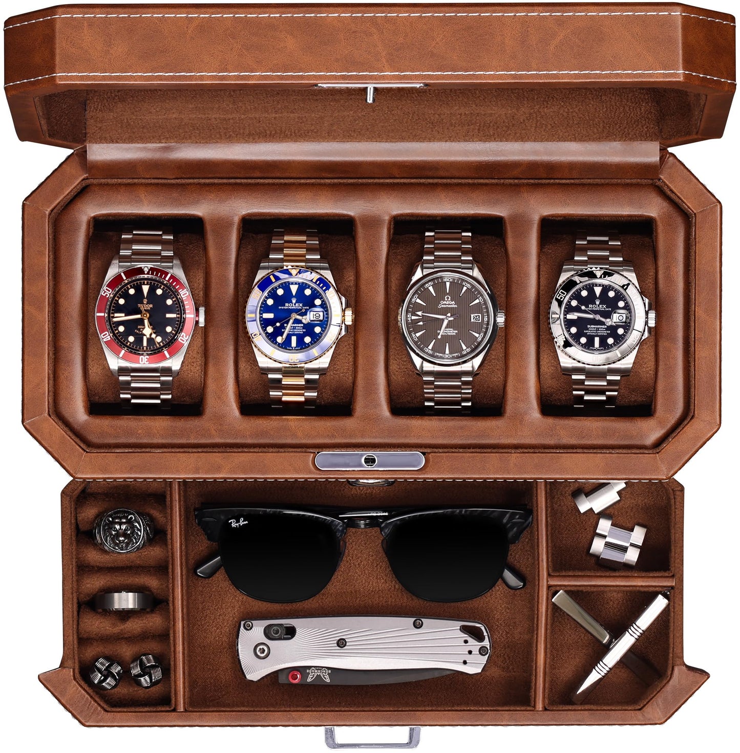 ROTHWELL 4 Slot Leather Watch Box with Valet Drawer - Luxury Case Display Jewelry Organizer, Locking Display Case Holder with Real Glass Top - Watch Box Organizer for Men & Women (Tan)